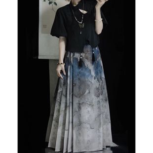 新款 中国风渐变晕染色轻薄日常穿汉服 明制文字马面裙套装 流苏短袖