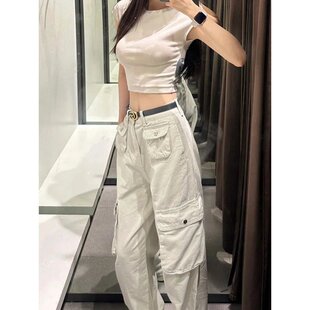 高街白色牛仔工装 女夏季 美式 裤 2023新款 复古多口袋宽松阔腿休闲裤