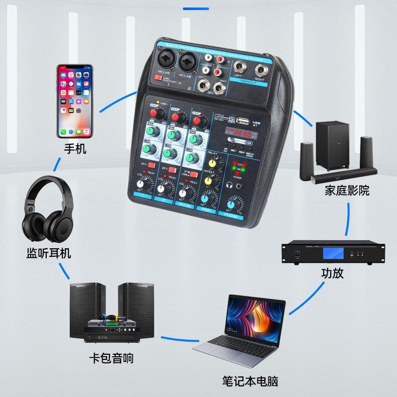 跨境供应蓝牙4路小型调音台电脑直播处理器USB混响舞台迷你混音器