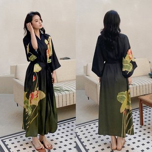 睡袍女春夏薄款 耀婷新款 冰丝缎面大气国风奢华系带晨袍家居服2669