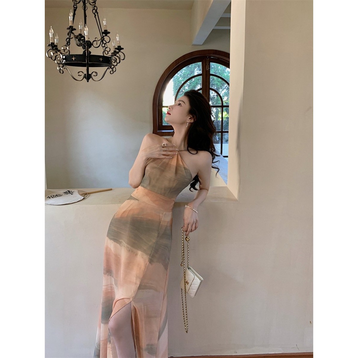 雪纺小众无袖开叉挂脖吊带连衣裙复古港风收腰海边度假长裙沙滩裙,女装/女士精品,大码套装,淘宝优惠券,粉丝福利购,淘宝优惠卷