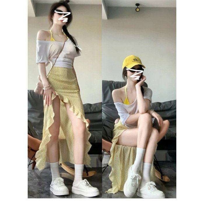 黄色碎花包臀连衣裙女夏季不规则开叉长裙气质绝美独特漂亮半身裙,女装/女士精品,大码套装,淘宝优惠券,粉丝福利购,淘宝优惠卷