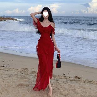 复古绝美红色吊带连衣裙女夏荷叶边超好看氛围感海边度假 法式