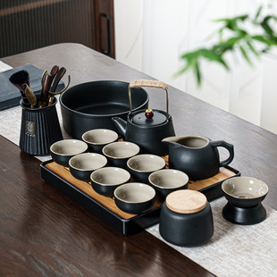 全套家用办公室茶壶茶杯简约盖碗茶叶罐整套茶盘 黑陶功夫茶具套装