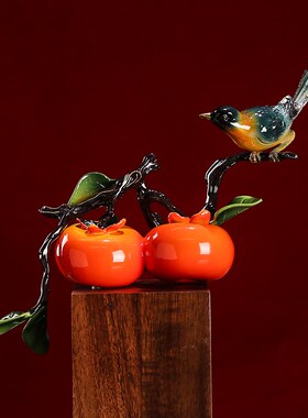 纯铜事事如意摆件柿子喜鹊t客厅玄关博古架新居乔迁开业送礼装饰