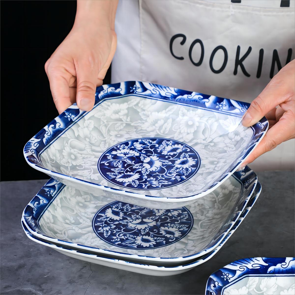 吾安碗方盘瓷大众复古青花10英寸