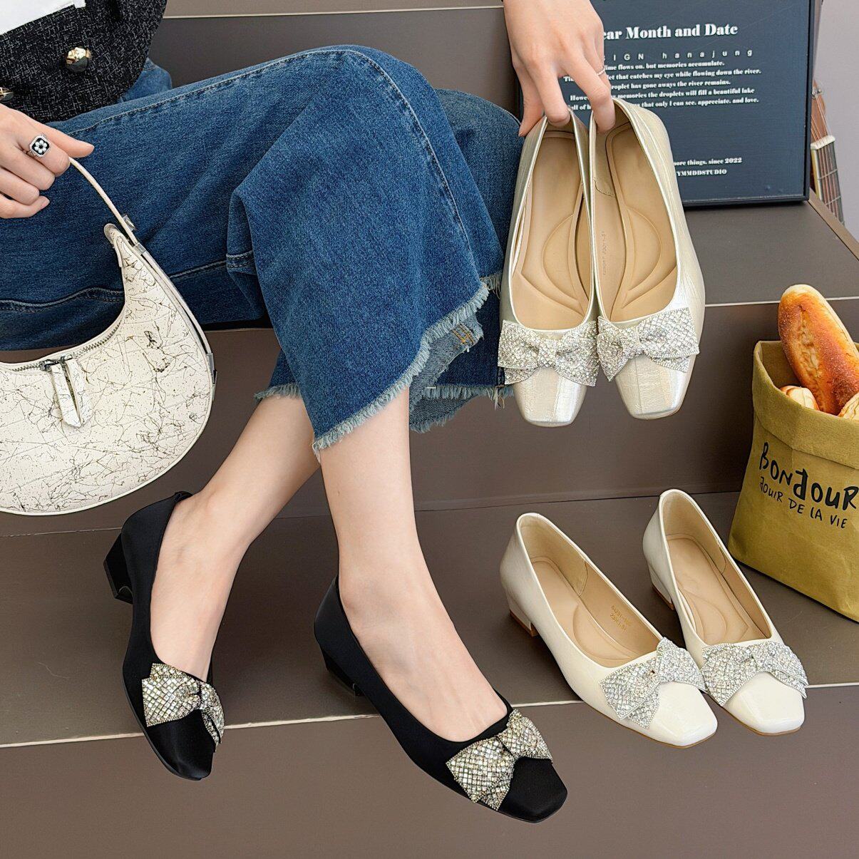 法式水钻蝴蝶结方头浅口单鞋女2026春夏粗跟高级感轻熟风玛丽珍鞋