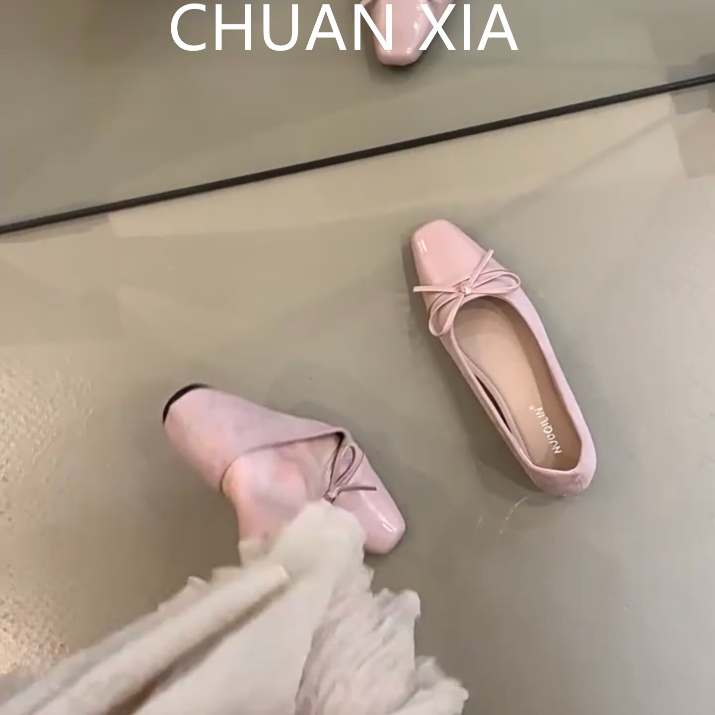 羊皮版！温柔风方头软底单鞋女蝴蝶结内增高瓢鞋粉色真皮玛丽珍鞋