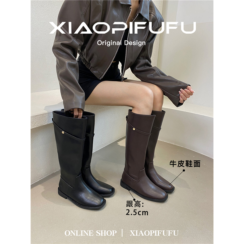 牛皮棕色复古长靴女平底2