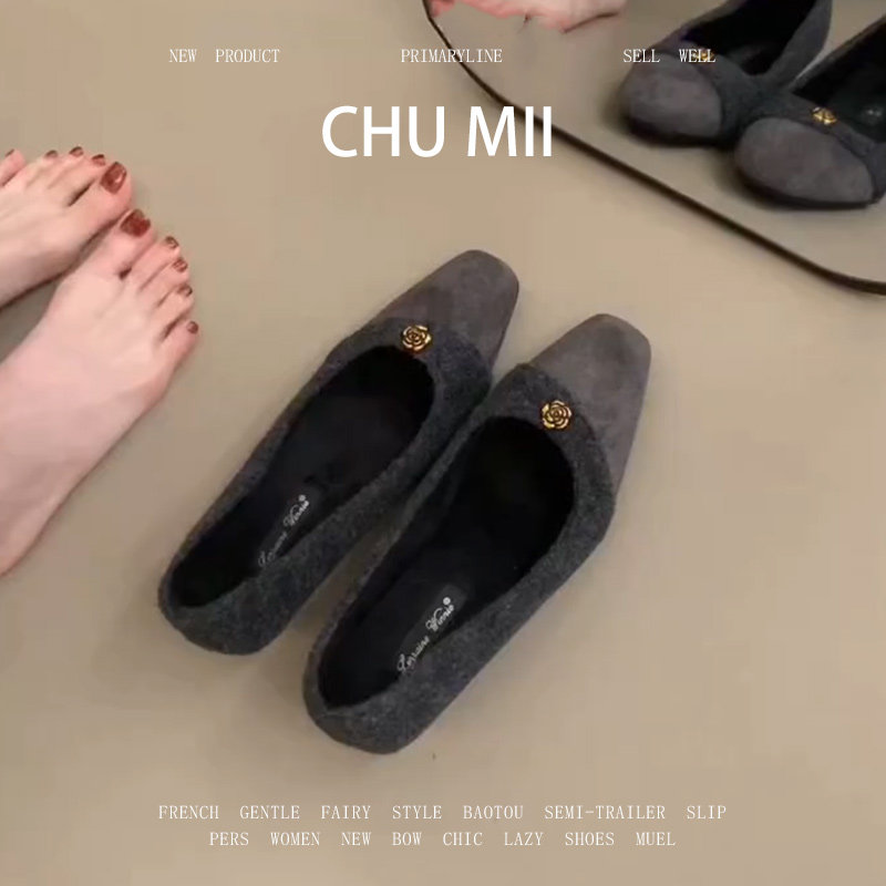 羊皮版~山茶花拼接毛呢棉鞋女内增高加绒玛丽珍鞋浅口小香风瓢鞋