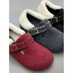 羊皮版~厚底保暖红色毛毛鞋女圆头内增高全包勃肯鞋真皮毛呢单鞋