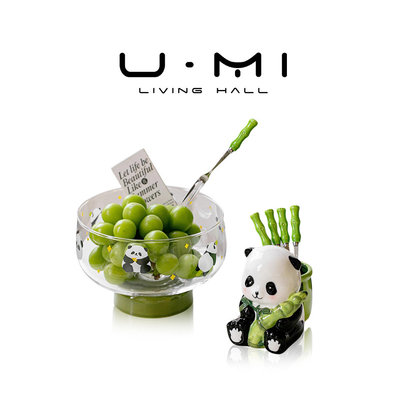 U Mi LIVING · 萌竹|果盘创意可爱熊猫玻璃果盆果叉罐套装水果叉