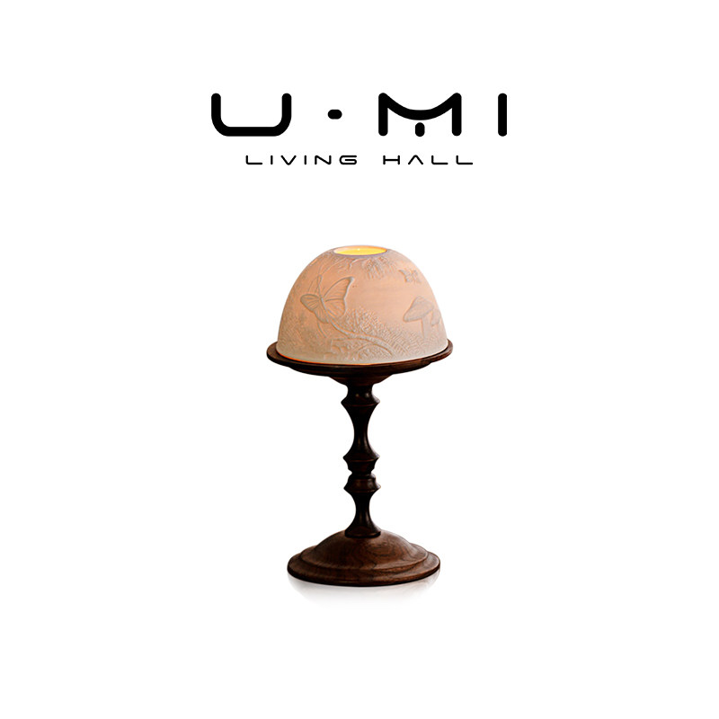 U Mi LIVING · 刻画  |  烛台复古北美胡桃木骨瓷透光罩装饰摆件