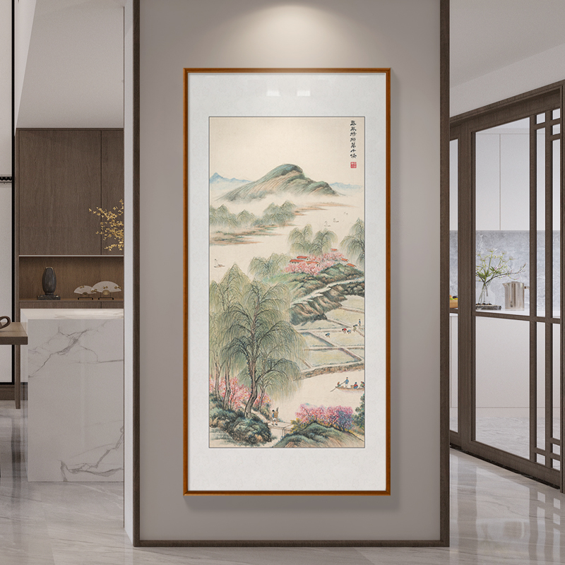 傅抱石山水画新中式玄关装饰画走廊过道进门挂画竖版春天风景壁画