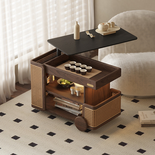 实木升降茶几可移动小推车巴士边几小户型黑胡桃木家用旋转床边柜