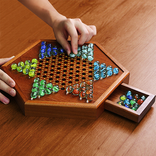 跳棋玻璃珠儿童益智木质二合一棋盘大号跳棋成人版弹子玛瑙珠跳棋