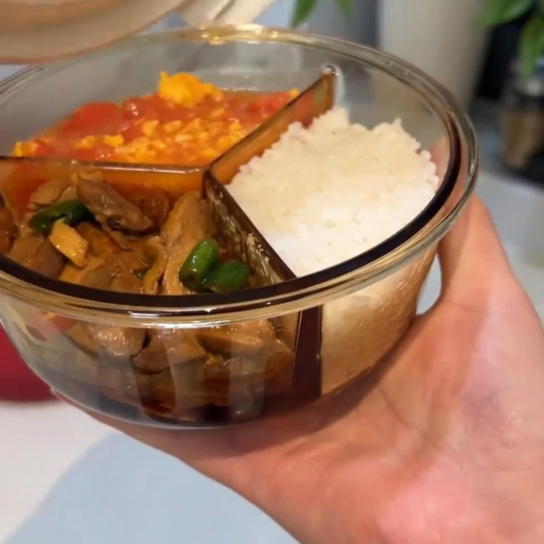 三分格饭盒圆形玻璃可微