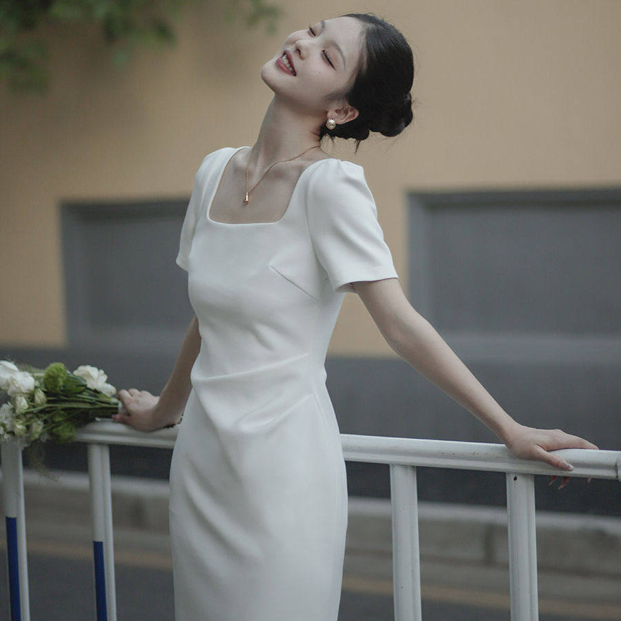 白色小礼服订婚名媛白裙女小个子日常可穿领证登记连衣裙夏季显瘦