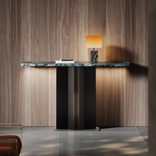 进门聚财玄关桌子入户正对门玄关柜隔断置物台祖母绿奢石不锈钢架