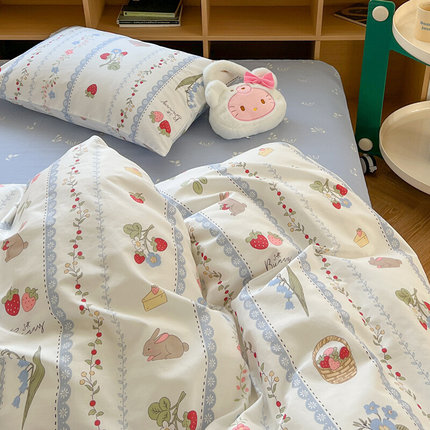 浆果小兔 纯棉被套儿童单件床单床笠四件套1.5米1.8m全棉被罩定制