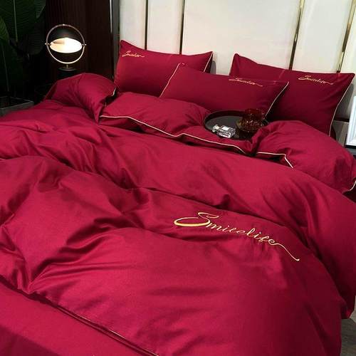 简约大气纯棉红色四件套刺绣床单被床上用品结婚送礼婚房一整套