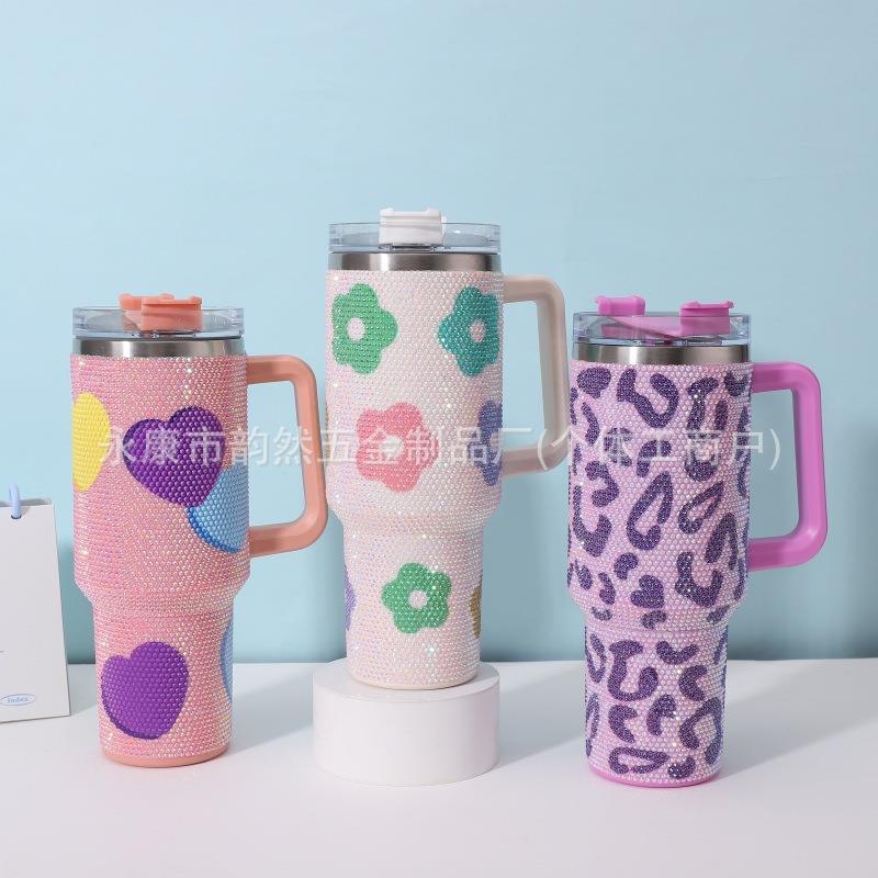 跨境卡通贴钻304不锈钢保温杯40oz手柄汽车杯车载保冷吸管冰霸杯