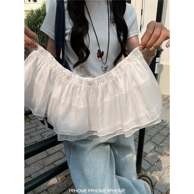 PPHOME自制~蓬蓬小屁帘 白色网纱屁帘叠穿短裙女一片式系带半身裙