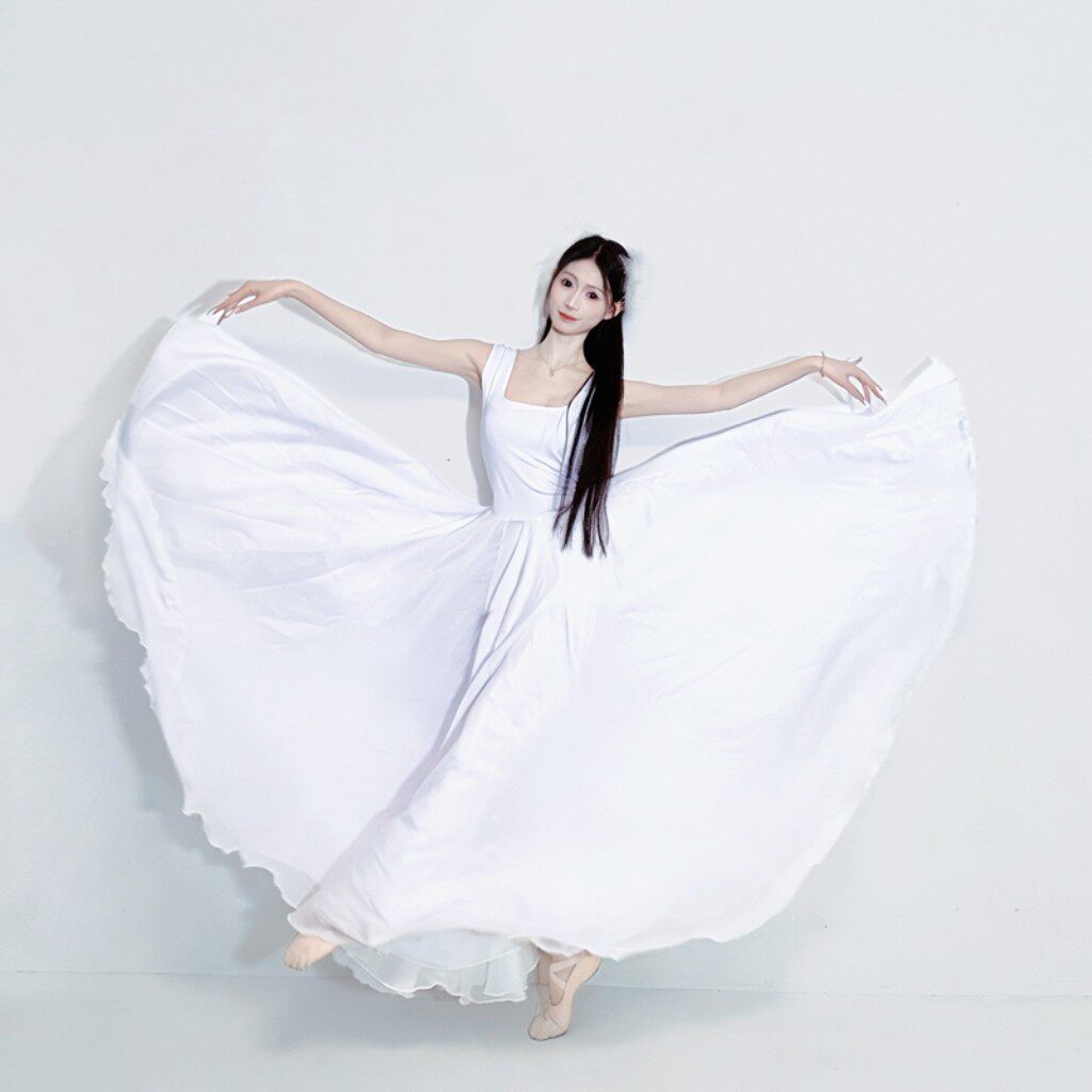 现代舞双层无袖连衣大摆裙白色演出服中国风古典舞蹈艺考练功服女