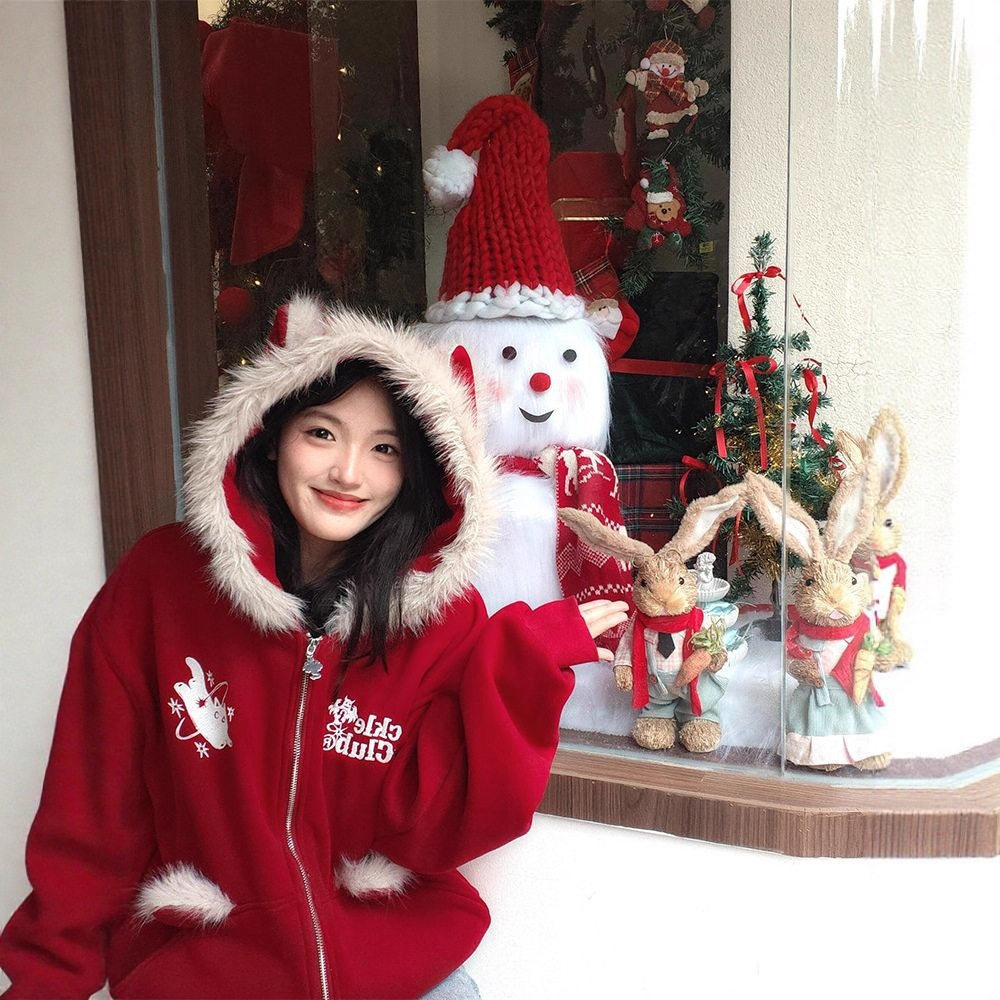 美式复古幽灵猫猫毛绒连帽卫衣外套女设计感慵懒风帽衫