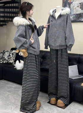 慵懒风垂感条纹阔腿裤女秋冬松弛感宽松直筒针织裤子糯米拖地长裤