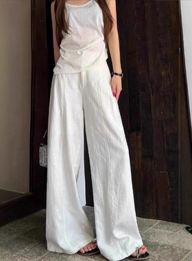 白色亚麻苎麻阔腿裤子女2025秋季高腰垂感宽松显瘦直筒棉麻休闲裤