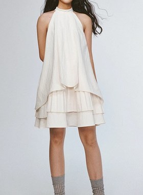 现货FUSS 24 钢琴师_层v次重工百褶_纸感褶皱_象牙白A字大摆连衣