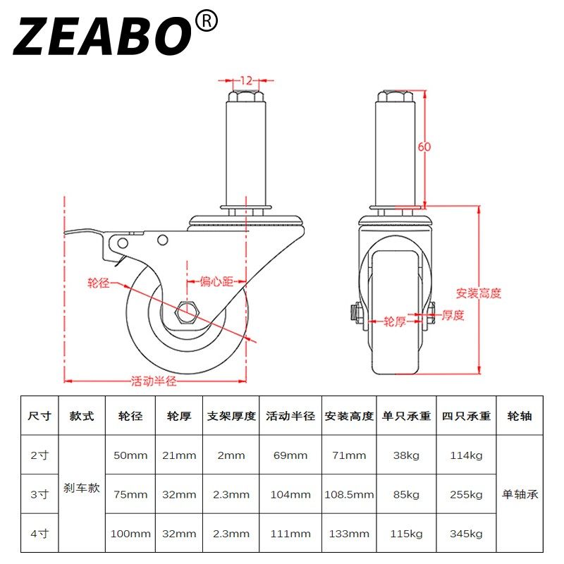 (4只装)25/28/30/35/38/40圆管打包台置物架餐桌万向轮脚轮滑轮