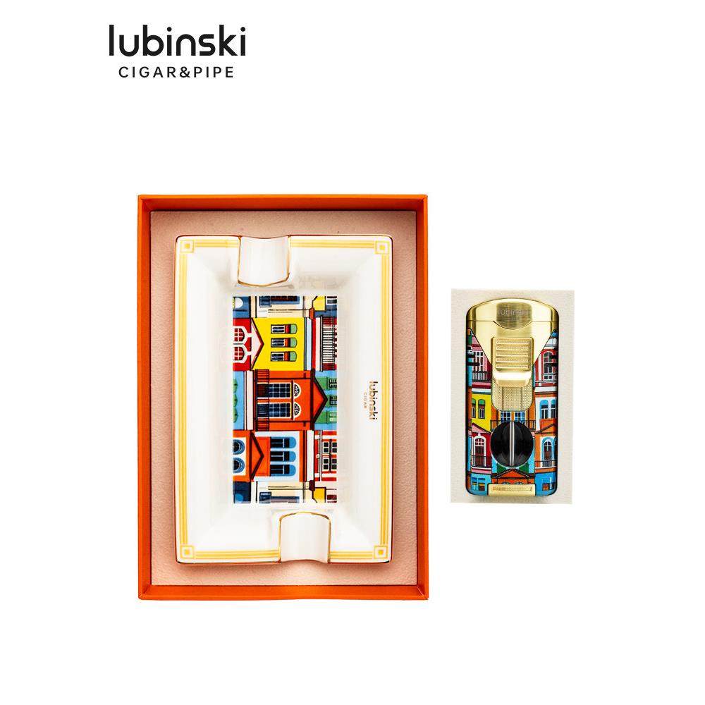 lubinski雪茄工具套装陶瓷时尚烟灰缸带V剪通针多功能2直冲打火机