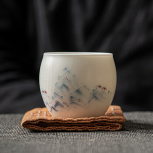功夫茶具 月白汝窑陶瓷单杯主人茶杯远山可养开片品茗杯个人杯中式