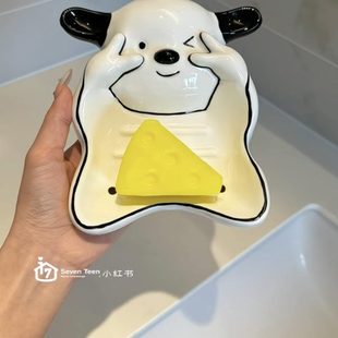 沥水小狗置物架大号洗手台卡通家用厕所比耶陶瓷肥皂盒可爱香皂盒