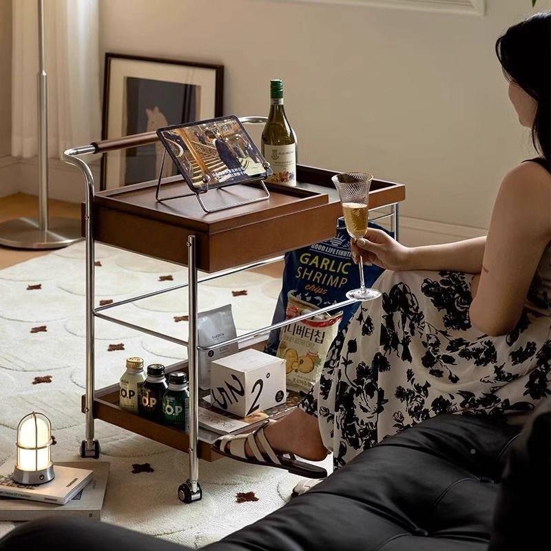 实木客厅可移动沙发几侧小推车边几蜡白木覆古边边柜角几小茶几桌