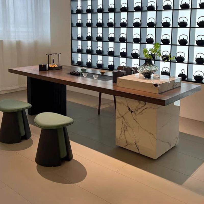 新中式实木岩板茶台设计师款家用别墅高端黑胡桃木大板茶桌椅组合