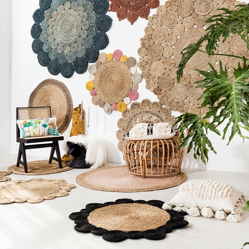 进口手工黄麻田园乡村客厅北欧简约地毯茶几地垫门垫儿童地毯挂毯