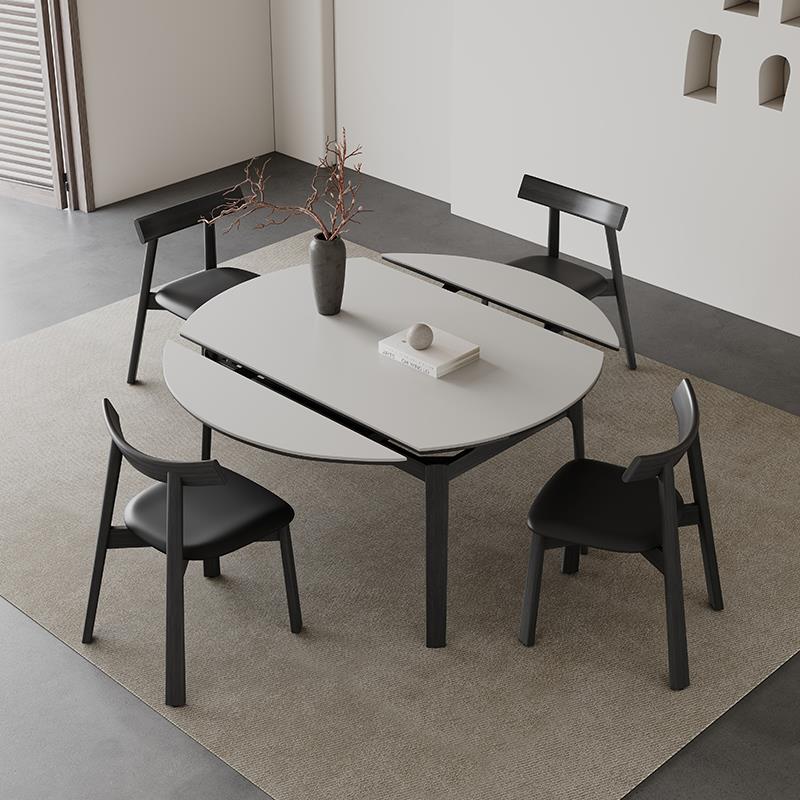 复古实木圆形餐桌现代简约黑色全托意式极简客厅家用伸缩岩板餐桌