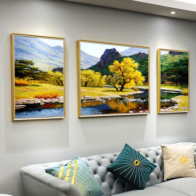 手绘油画山水风景三联壁画t美式沙发背景墙挂画欧式轻奢客厅装饰