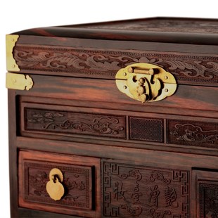 红酸枝木质手饰品收纳盒红木首饰盒 超大号实Q木雕花百宝箱梳妆镜