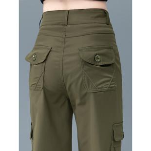 高档军绿色工装裤女款女士夏季薄款裤子高腰窄版显瘦直筒运动裤女