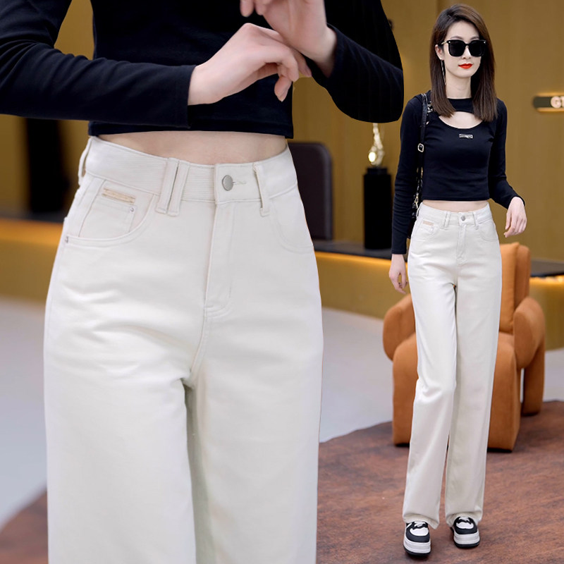 高档夏季白色纯棉柔软高腰牛仔宽裤女九分高腰显瘦遮胯直筒长裤