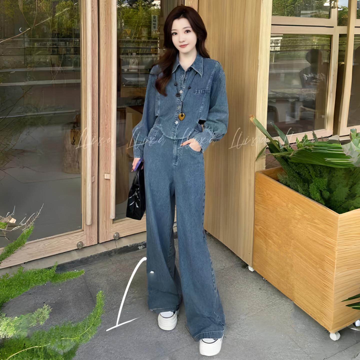 高档复古牛仔套装女春秋新款时尚不规则翻领长袖外套阔腿裤两件套