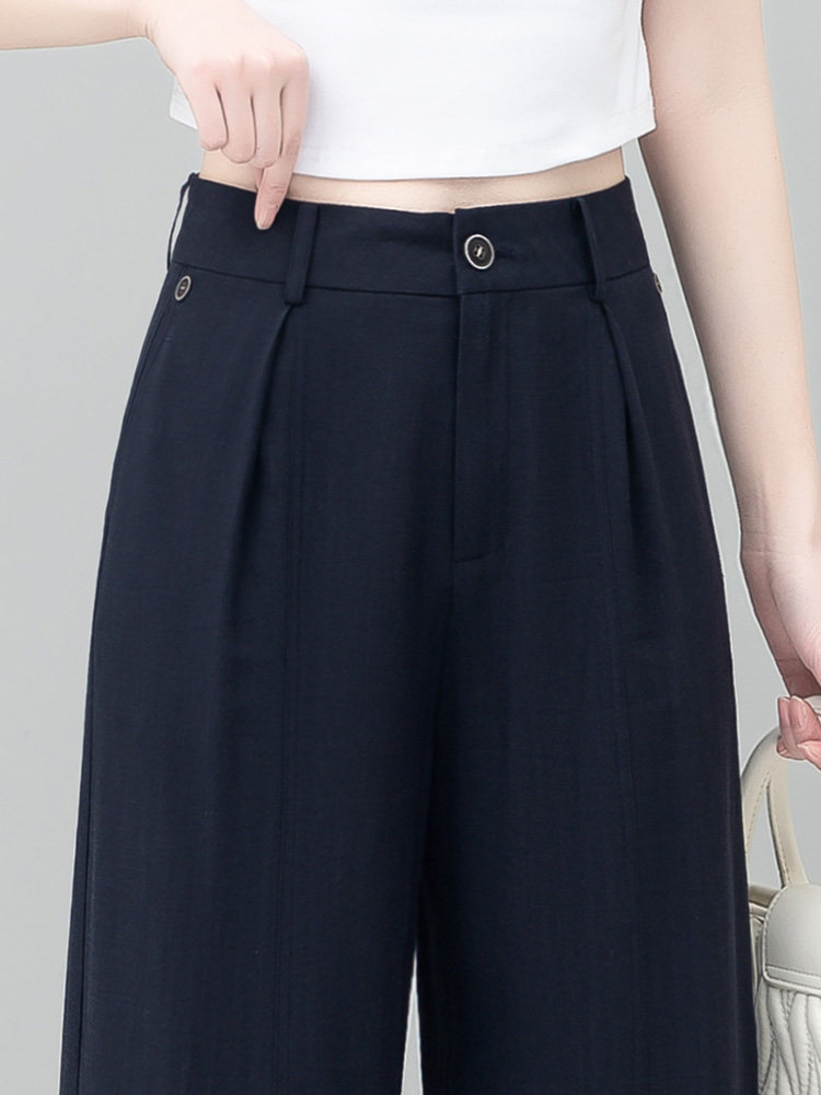 高档藏青色女士夏季薄款九分直筒西装裤高腰显瘦垂感小个子时尚阔