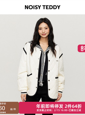 NOISY TEDDY25年冬季新款白色圆领撞边菱格女士棉服宽松保暖外套