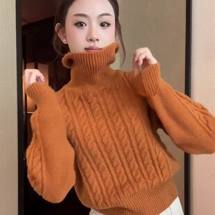 针织衫 纯色麻花高领毛衣打底衫 宽松外穿软糯短款 女秋v冬季 上 新款