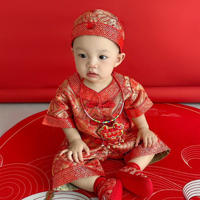 周岁礼服男宝中式夏季薄款抓周套装喜G庆红色衣服女宝生日婴儿唐
