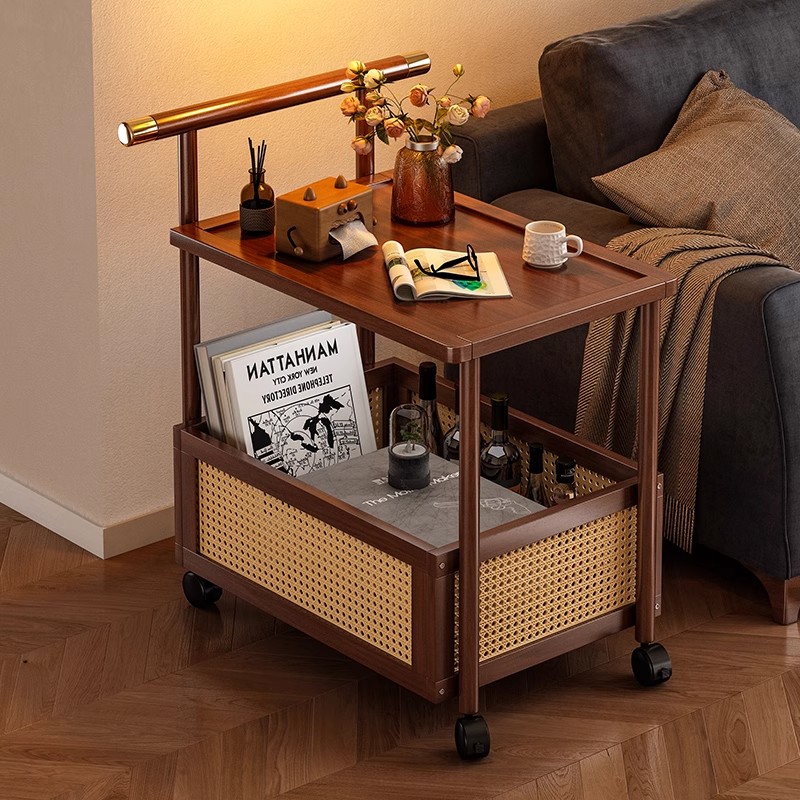 可移动复古小推车沙发边几客厅家用茶几侧边柜卧室床头藤编置物架
